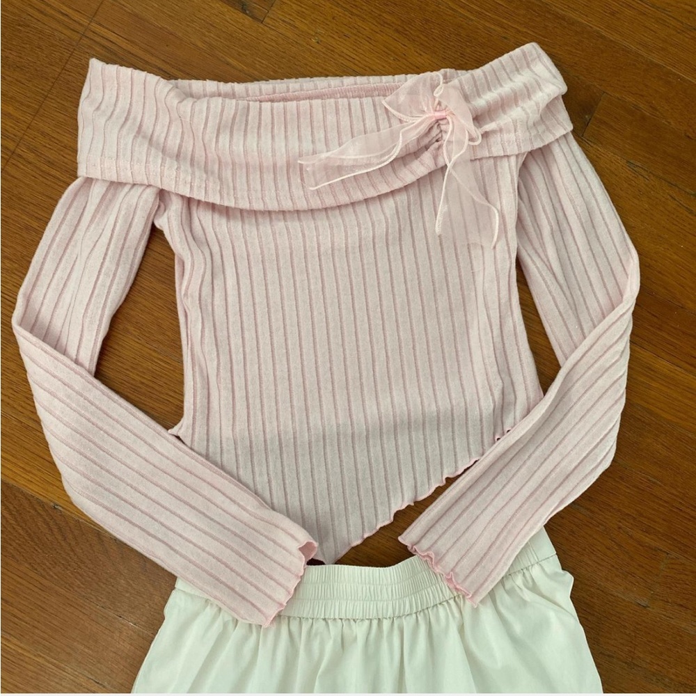 Pink Ribbed Off the Shoulder Ribbon Top